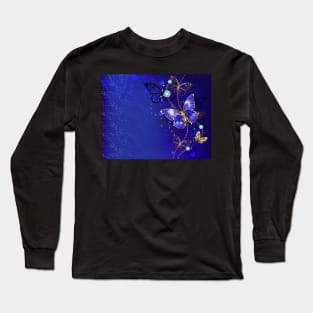 Blue Background with Sapphire Butterfly Long Sleeve T-Shirt